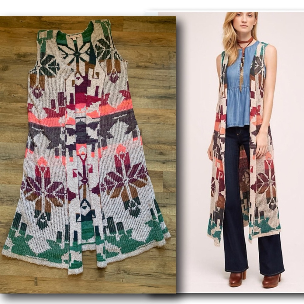 Anthropologie Long Multicolor Knit Vest — Cream, Green, Pink, Brown